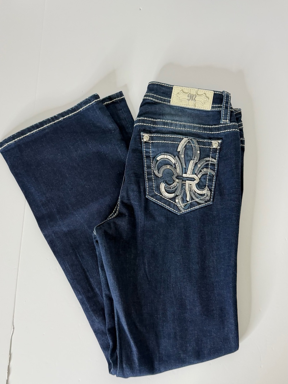Miss Me Dark Blue Bootcut Jeans with Fleur-de-Lis Embroidered Pocket